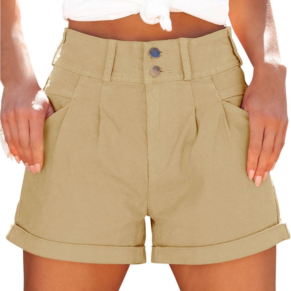High-Waist Khaki Women's Shorts with Front Pockets